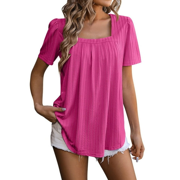 MIXUE Boho Tops For Women Summer Solid Color Square Neck Short Sleeve Casual T Shirts Daily-Wear,Pink,XL