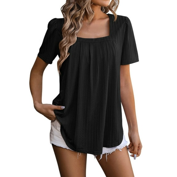 MIXUE Boho Tops For Women Summer Solid Color Square Neck Short Sleeve Casual Tee Shirts Holiday Wear,Black,XL