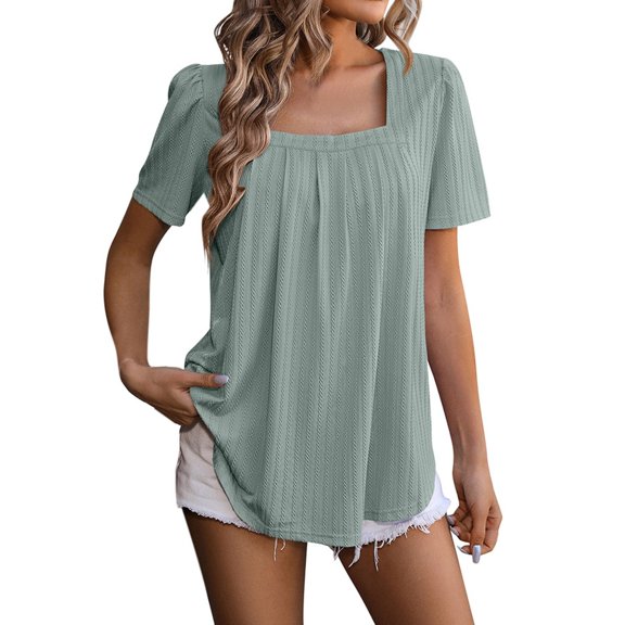 MIXUE Boho Tops For Women Summer Solid Color Square Neck Short Sleeve Casual Tee Shirts Holiday Wear,Green,XXL