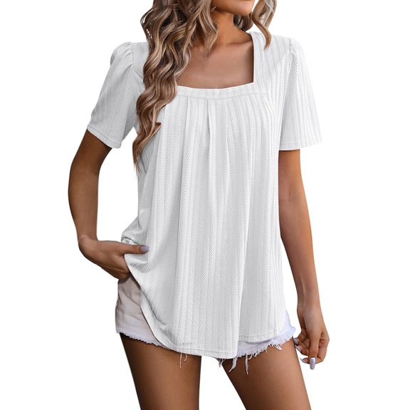 MIXUE Boho Tops For Women Summer Solid Color Square Neck Short Sleeve Casual Tshirts Streetwear,White,S