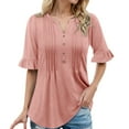thumbnail image 1 of MIXUE Boho Tops For Women Summer Solid Color V Neck Button Short Sleeve Fashion Loose Casual Pleated Tee Shirts Sportswear,Pink,XL, 1 of 6
