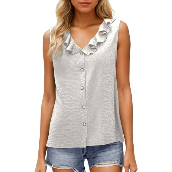 MIXUE Boho Tops For Women Summer Solid Color V Neck Button Sleeveless Vest T-shirts Outwear,Brown,M