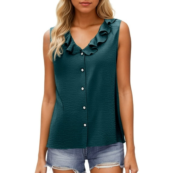 MIXUE Boho Tops For Women Summer Solid Color V Neck Button Sleeveless Vest Tee Shirts Sportswear,Green,L