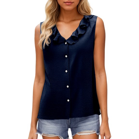MIXUE Boho Tops For Women Summer Solid Color V Neck Button Sleeveless Vest Tshirts Outwear,Blue,S