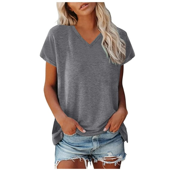 MIXUE Boho Tops For Women Summer Solid Color V Neck Cap Sleeve Loose Fit Casual Shirts For Women T-shirts Daily-Wear,Gray,S