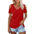thumbnail image 1 of MIXUE Boho Tops For Women Summer Solid Color V Neck Criss Cross Short Sleeve Casual Tee Shirts Daily-Wear,Red,M, 1 of 4