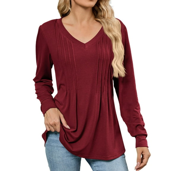 MIXUE Boho Tops For Women Summer Solid Color V Neck Long Sleeve Casual Basic Soft Pullover Shirts For Women T-shirts Outwear,Red,S