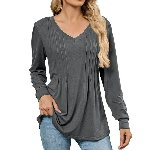 MIXUE Boho Tops For Women Summer Solid Color V Neck Long Sleeve Casual Basic Soft Pullover Shirts For Women Tshirts Activewear,Gray,XL