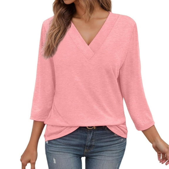 MIXUE Boho Tops For Women Summer Solid Color V Neck Long Sleeve Fashion Casual Loose Pullover Shirts For Women T Shirts Holiday Wear,Pink,XL