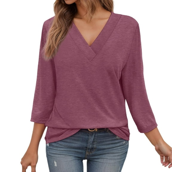 MIXUE Boho Tops For Women Summer Solid Color V Neck Long Sleeve Fashion Casual Loose Pullover Shirts For Women T-shirts Activewear,Purple,L