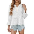 thumbnail image 1 of MIXUE Boho Tops For Women Summer Solid Color V Neck Long Sleeve Lace Hollow Out Blouse Cardigan T Shirts Daily-Wear,White,M, 1 of 9