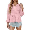 thumbnail image 1 of MIXUE Boho Tops For Women Summer Solid Color V Neck Long Sleeve Lace Hollow Out Blouse Cardigan T Shirts Holiday Wear,Pink,M, 1 of 5