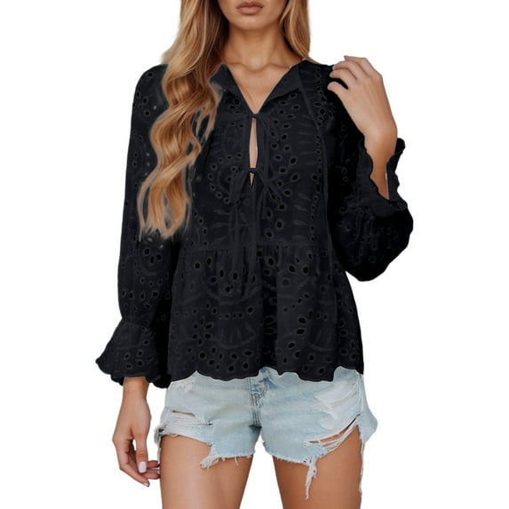 MIXUE Boho Tops For Women Summer Solid Color V Neck Long Sleeve Lace Hollow Out Blouse Cardigan Tee Shirts Holiday Wear,Black,XL