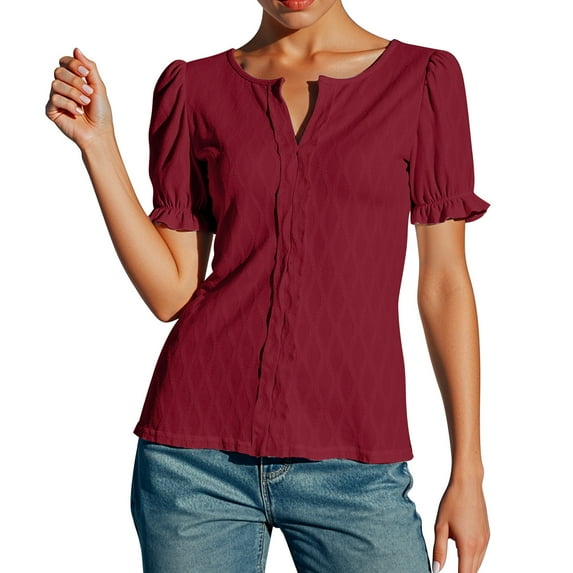 MIXUE Boho Tops For Women Summer Solid Color V Neck Short Puff Sleeve Loose Fit Casual T-shirts Outwear,Red,S