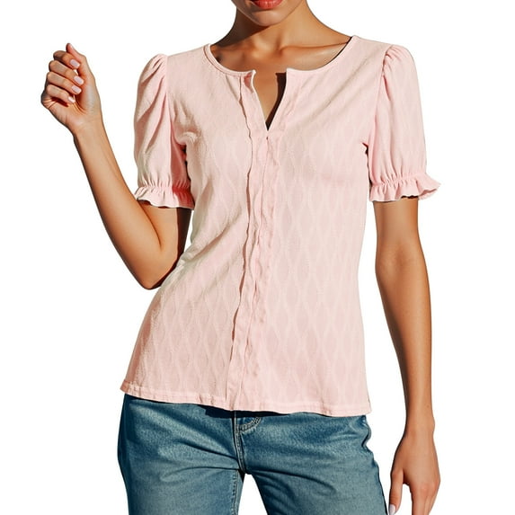 MIXUE Boho Tops For Women Summer Solid Color V Neck Short Puff Sleeve Loose Fit Casual T-shirts Streetwear,Pink,XL