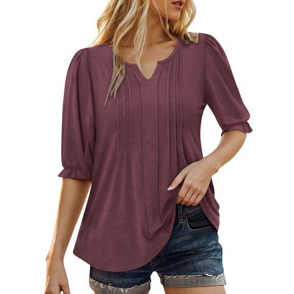MIXUE Boho Tops For Women Summer Solid Color V Neck Short Puffed Sleeve Casual T-shirts Activewear,Purple,XXL