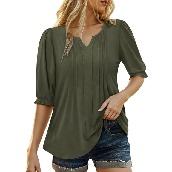 MIXUE Boho Tops For Women Summer Solid Color V Neck Short Puffed Sleeve Casual Tee Shirts Holiday Wear,Green,M