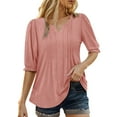 thumbnail image 1 of MIXUE Boho Tops For Women Summer Solid Color V Neck Short Puffed Sleeve Casual Tshirts Streetwear,Pink,S, 1 of 6