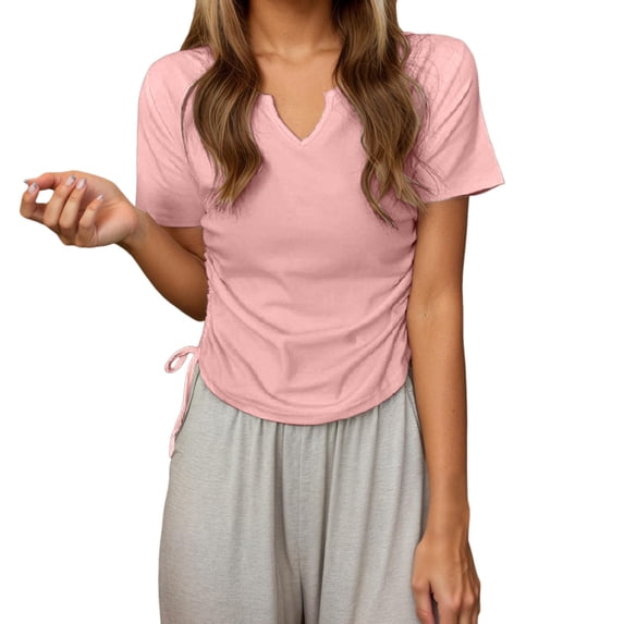 MIXUE Boho Tops For Women Summer Solid Color V Neck Short Sleeve Casual Basic Pullover Shirts For Women T-shirts Activewear,Pink,L