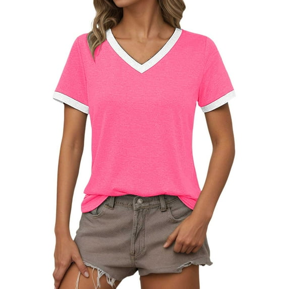 MIXUE Boho Tops For Women Summer Solid Color V Neck Short Sleeve Casual Basic Pullover Shirts For Women Tee Shirts Sportswear,Pink,L
