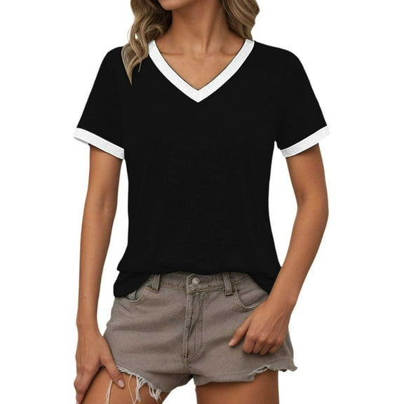 MIXUE Boho Tops For Women Summer Solid Color V Neck Short Sleeve Casual Basic Pullover Shirts For Women Tshirts Activewear,Black,S
