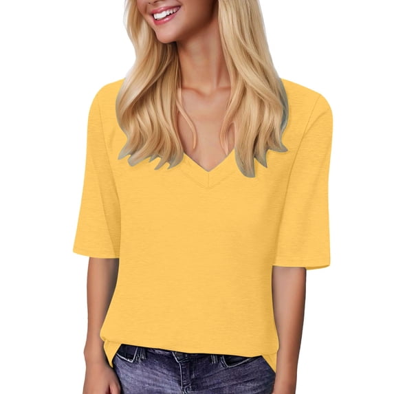 MIXUE Boho Tops For Women Summer Solid Color V Neck Short Sleeve Casual Basic Soft Pullover Shirts For Women T-shirts Activewear,Yellow,L