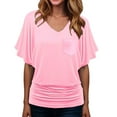thumbnail image 1 of MIXUE Boho Tops For Women Summer Solid Color V Neck Short Sleeve Casual Pullover Shirts For Women T Shirts Daily-Wear,Pink,XL, 1 of 3
