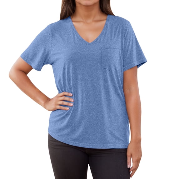 MIXUE Boho Tops For Women Summer Solid Color V Neck Short Sleeve Casual Pullover Shirts For Women T-shirts Outwear,Blue,L