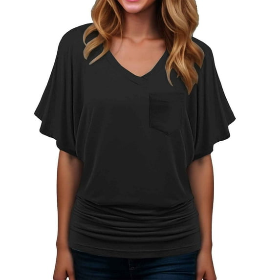 MIXUE Boho Tops For Women Summer Solid Color V Neck Short Sleeve Casual Pullover Shirts For Women T-shirts Streetwear,Black,M