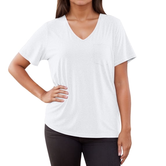 MIXUE Boho Tops For Women Summer Solid Color V Neck Short Sleeve Casual Pullover Shirts For Women Tee Shirts Holiday Wear,White,S