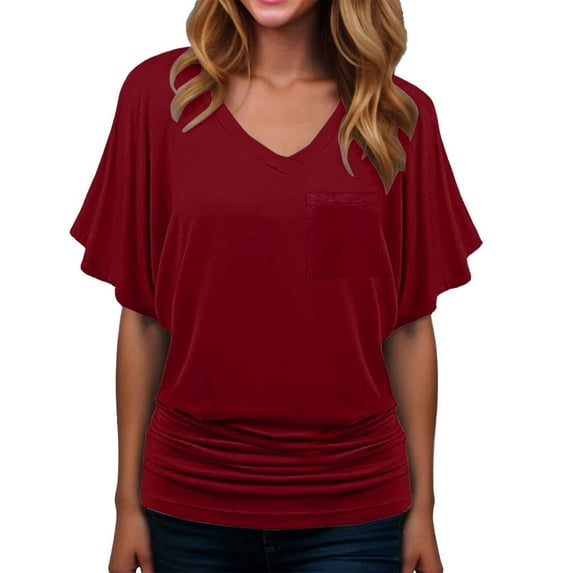 MIXUE Boho Tops For Women Summer Solid Color V Neck Short Sleeve Casual Pullover Shirts For Women Tshirts Streetwear,Red,L