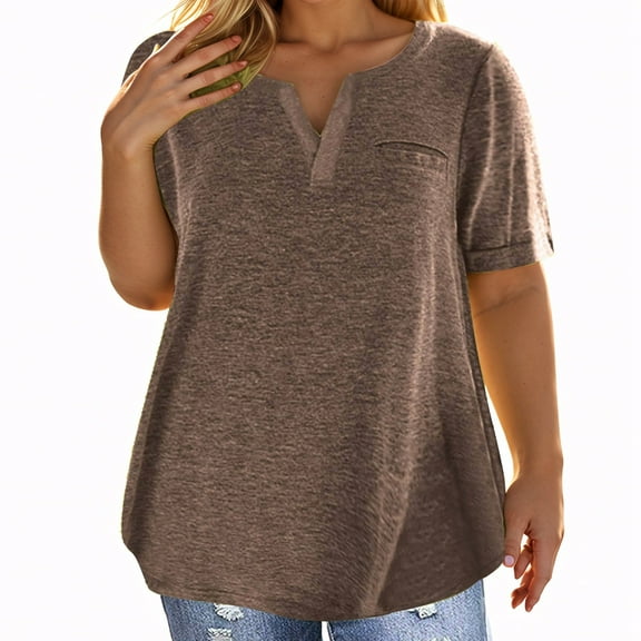MIXUE Boho Tops For Women Summer Solid Color V Neck Short Sleeve Casual Soft Basic Tshirts Outwear,Brown,L