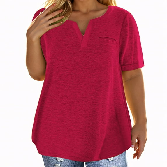MIXUE Boho Tops For Women Summer Solid Color V Neck Short Sleeve Casual Soft Basic Tshirts Outwear,Red,L