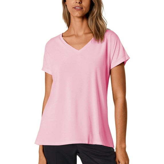 MIXUE Boho Tops For Women Summer Solid Color V Neck Short Sleeve Casual Soft Tshirts Outwear,Pink,XL