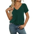 thumbnail image 1 of MIXUE Boho Tops For Women Summer Solid Color V Neck Short Sleeve Casual T Shirts Daily-Wear,Green,M, 1 of 8