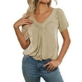 thumbnail image 1 of MIXUE Boho Tops For Women Summer Solid Color V Neck Short Sleeve Casual T-shirts Activewear,Beige,L, 1 of 8