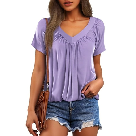 MIXUE Boho Tops For Women Summer Solid Color V Neck Short Sleeve Casual T-shirts Outwear,Purple,XXXL