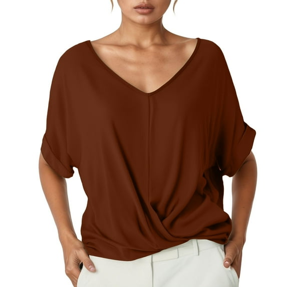 MIXUE Boho Tops For Women Summer Solid Color V Neck Short Sleeve Elegant T Shirts Daily-Wear,Red,XXXL