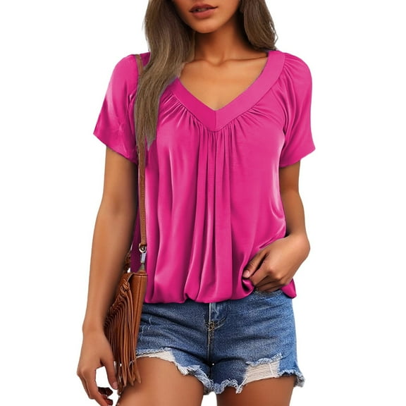 MIXUE Boho Tops For Women Summer Solid Color V Neck Short Sleeve Loose Casual T-shirts Activewear,Pink,L