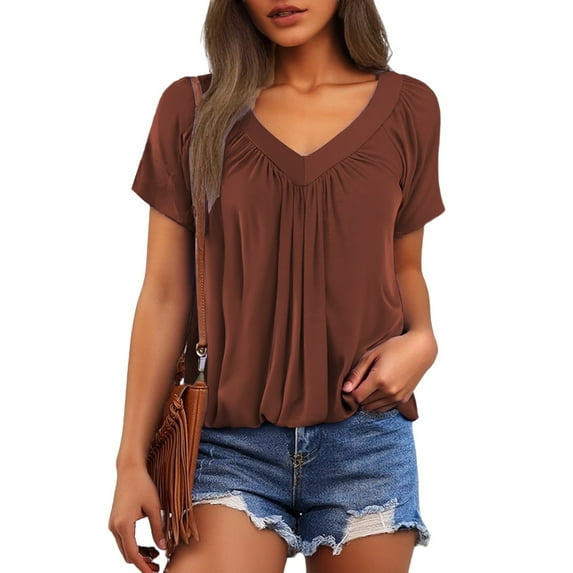 MIXUE Boho Tops For Women Summer Solid Color V Neck Short Sleeve Loose Casual Tshirts Activewear,Brown,L