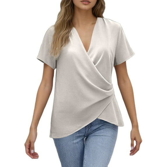 MIXUE Boho Tops For Women Summer Solid Color V Neck Short Sleeve Loose Fashion T Shirts Holiday Wear,Brown,S