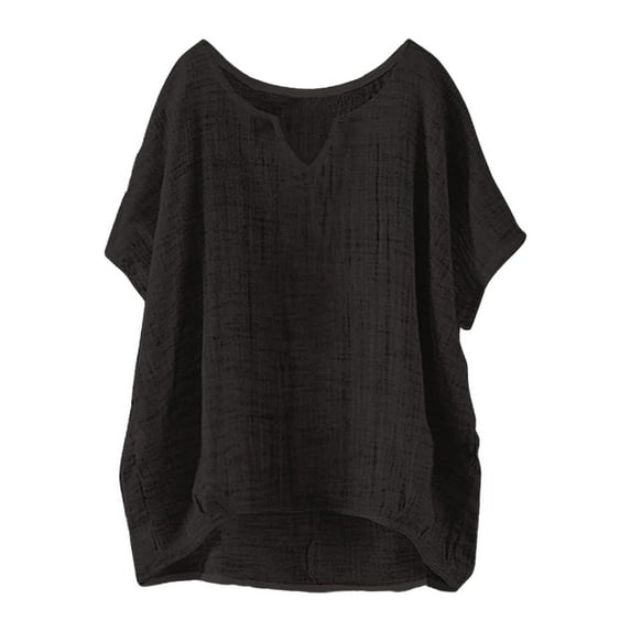 MIXUE Boho Tops For Women Summer Solid Color V Neck Short Sleeve Loose Fit Casual Soft Basic Pullover Shirts For Women T-shirts Streetwear,Black,M