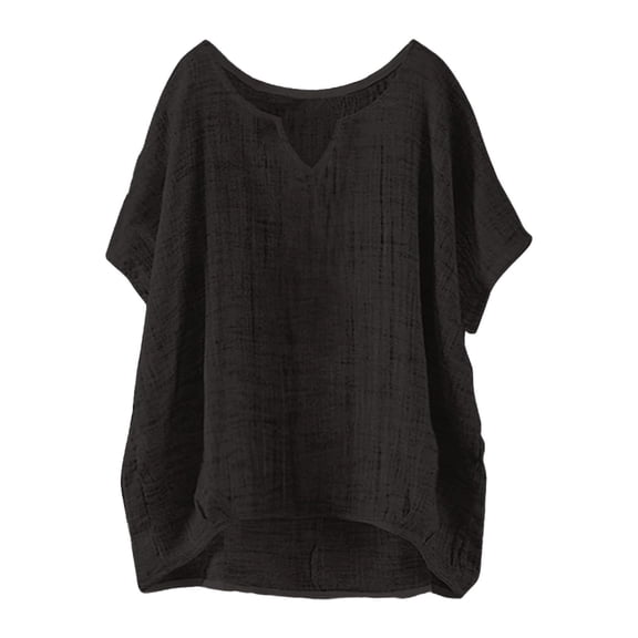 MIXUE Boho Tops For Women Summer Solid Color V Neck Short Sleeve Loose Fit Casual Soft Basic Pullover Shirts For Women Tshirts Outwear,Black,L