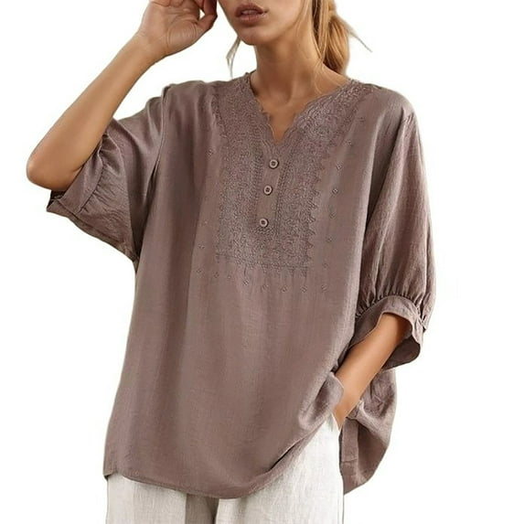 MIXUE Boho Tops For Women Summer Solid Color V Neck Short Sleeve Loose Fit Casual Tee Shirts Daily-Wear,Brown,XXL