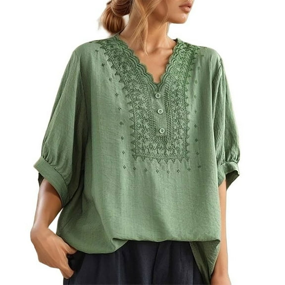 MIXUE Boho Tops For Women Summer Solid Color V Neck Short Sleeve Loose Fit Casual Tee Shirts Sportswear,Green,L