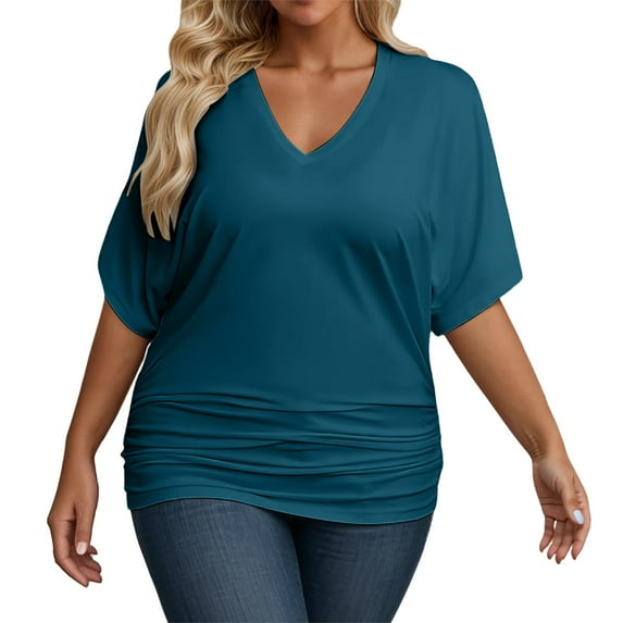 MIXUE Boho Tops For Women Summer Solid Color V Neck Short Sleeve Plus Size Casual Pullover Shirts For Women T-shirts Outwear,Green,XXL