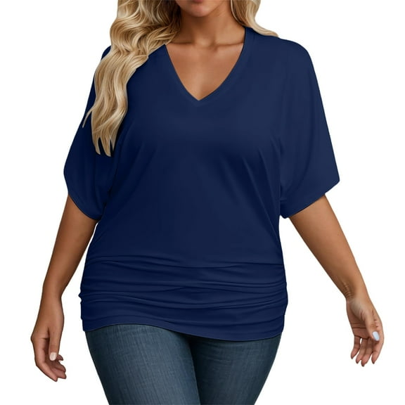 MIXUE Boho Tops For Women Summer Solid Color V Neck Short Sleeve Plus Size Casual Pullover Shirts For Women Tee Shirts Holiday Wear,Blue,XXXL
