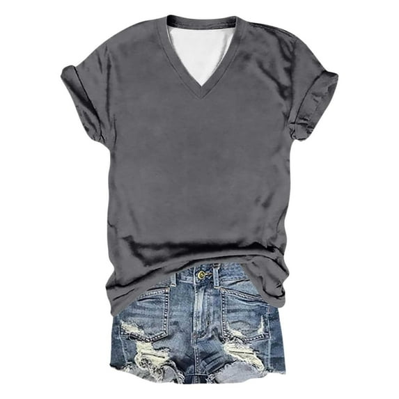 MIXUE Boho Tops For Women Summer Solid Color V Neck Short Sleeve Pullover Shirts For Women T-shirts Activewear,Gray,XXXXL
