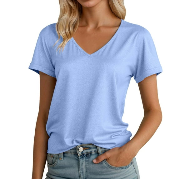 MIXUE Boho Tops For Women Summer Solid Color V Neck Short Sleeve Soft Casual Basic Pullover Shirts For Women Tee Shirts Daily-Wear,Blue,M