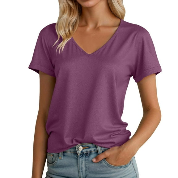 MIXUE Boho Tops For Women Summer Solid Color V Neck Short Sleeve Soft Casual Basic Pullover Shirts For Women Tshirts Activewear,Red,S
